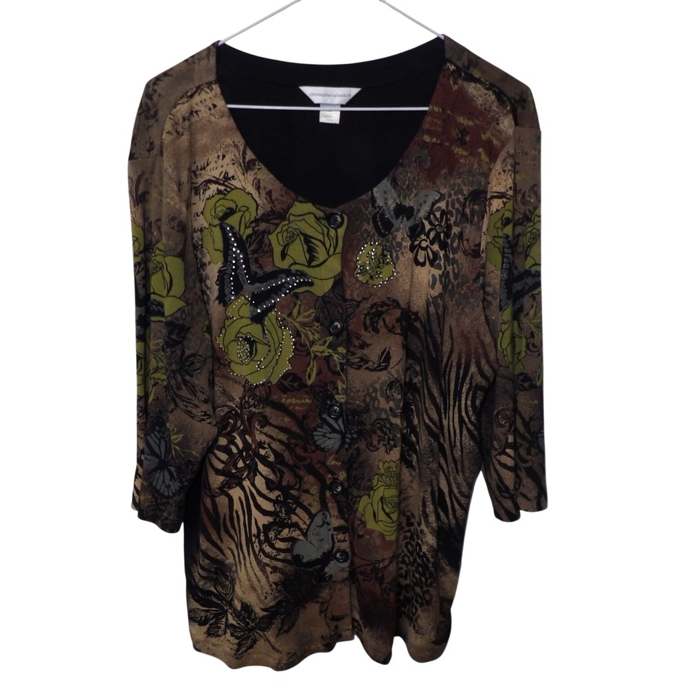 Christopher & Banks Womens Brown Floral Butterfly Rhinestone Cardigan Top XL